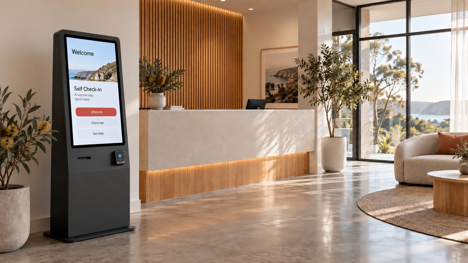 Self check-in kiosk in a bright modern motel lobby