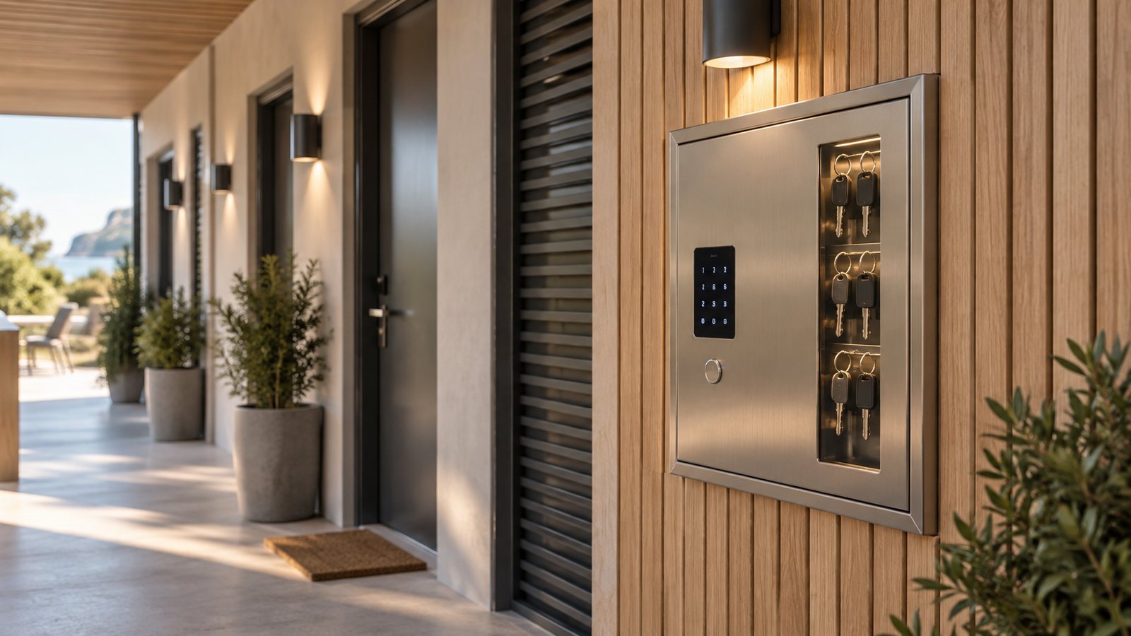 Flush-mount KeySafe on a timber wall outside motel rooms